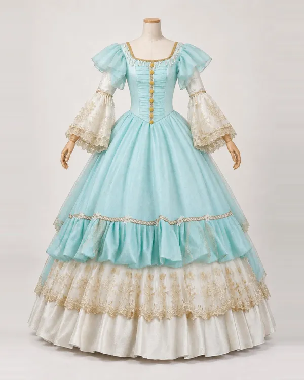 Ondine Dorée — Aqua and Cream Tiered Lace Ball Gown
