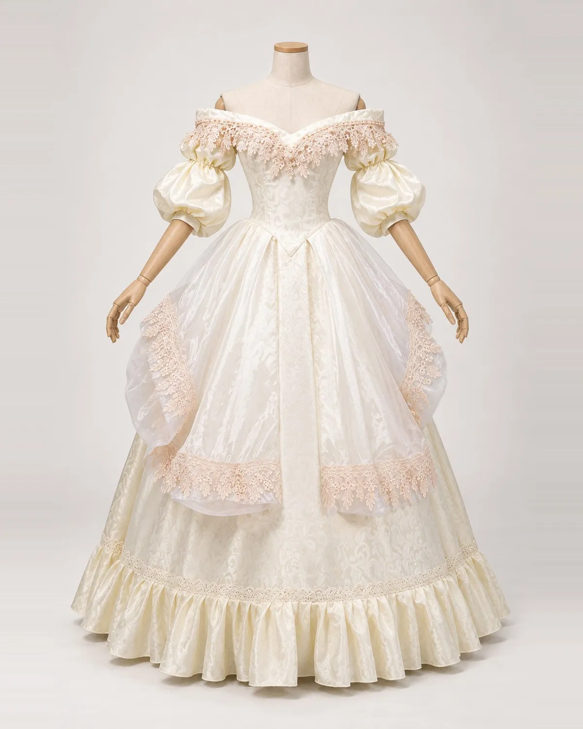 Nuage Rosé — Cream Jacquard Gown with Blush Lace and Sheer Drapes — shown on a mannequin, front product view