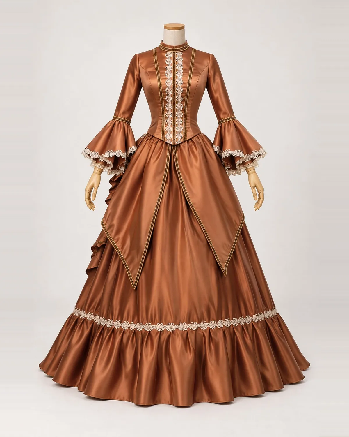 Cannelle Précieuse — Copper-Brown Satin-Look Gown with Pointed Drapes — shown on a mannequin, front product view