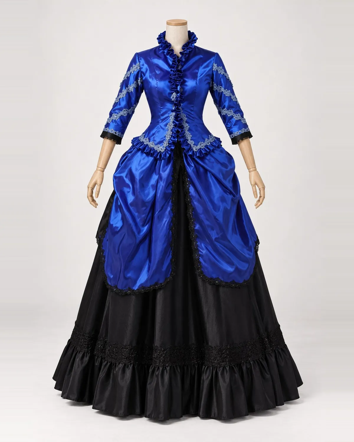 Saphir Vestale — Royal Blue and Black Draped Satin-Look Gown — shown on a mannequin, front product view