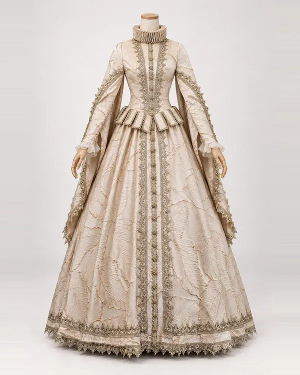 Régente Feuillagée — Champagne Leaf-Patterned Gown with High Ruff